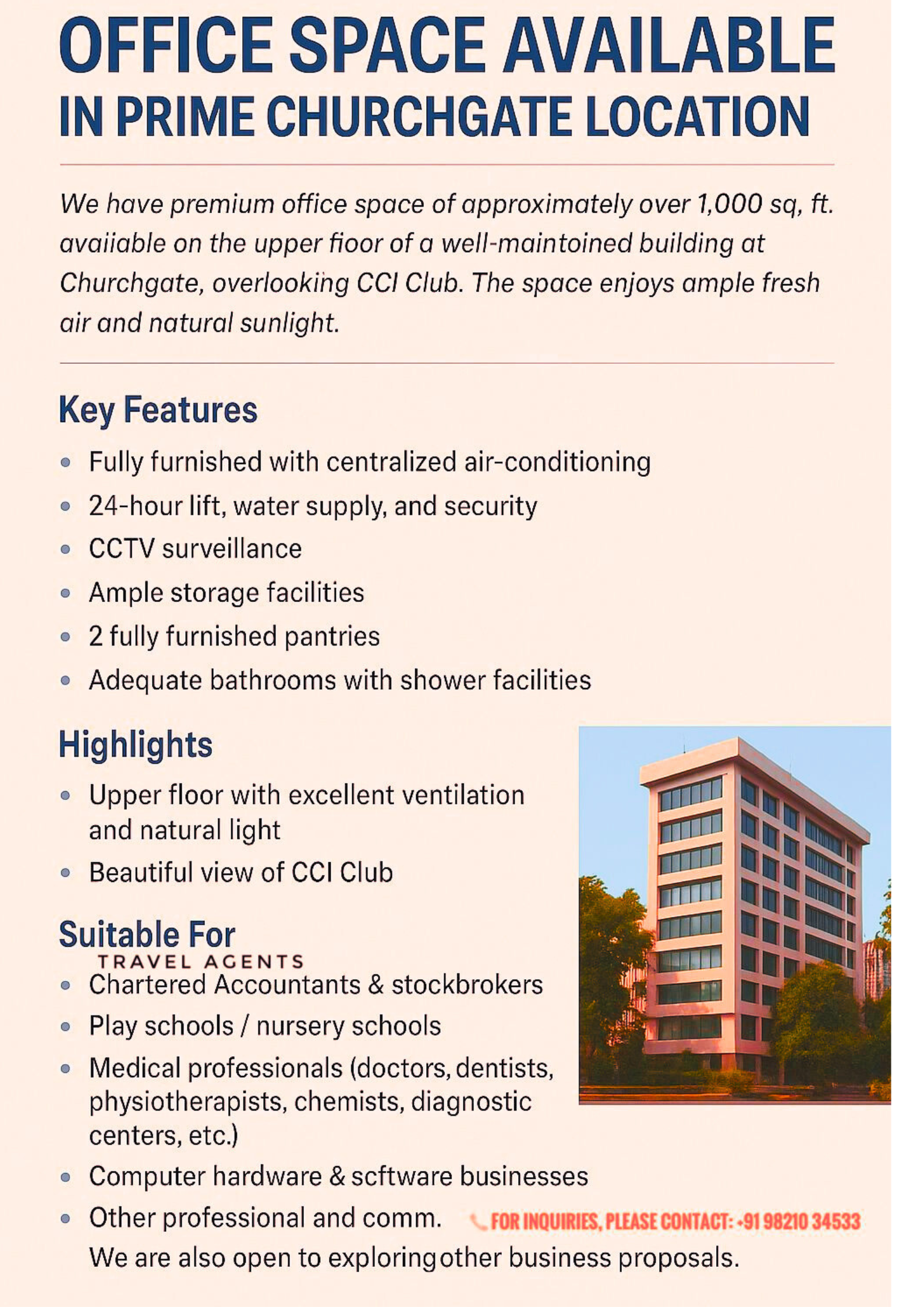 1000 sqft Office Space for Rent Only in Konkan Bhavan